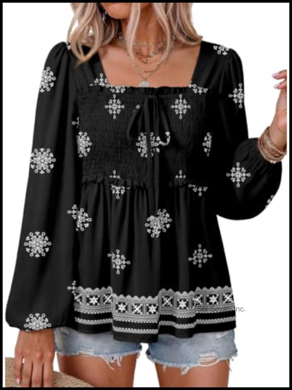 Womens Square Neck Smocked Ruffle Blouse Long Sleeve Peplum Top